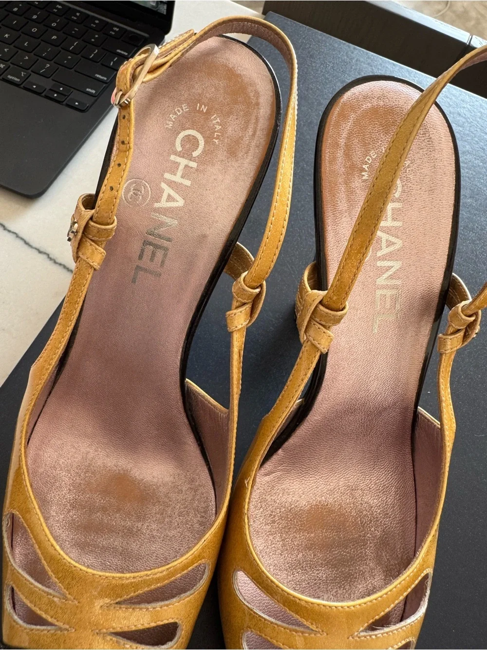 CHANEL Two-Tone Slingback Pumps in Mustard and Black Patent
